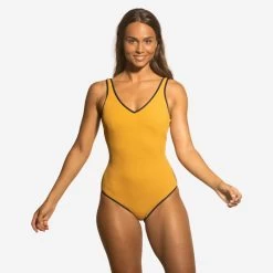Bañador Aquagym Ines Mujer Azul/Blanco -Nabaiji Tienda De Ventas baador mujer escote v sostenible mostaza aquagym nabaiji ines